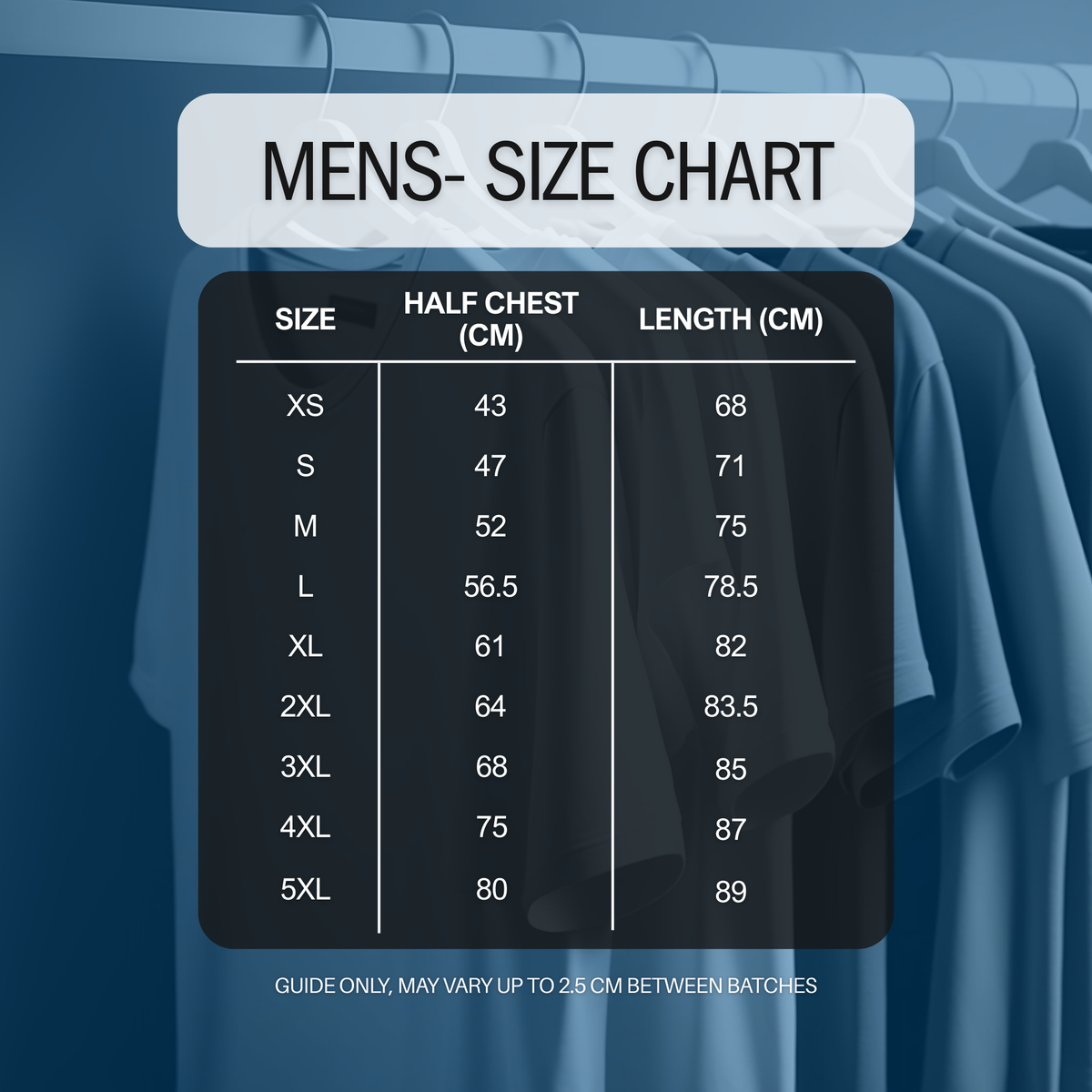 Mens size guide for Tumby Bay Cricket Club - Navy T-Shirt