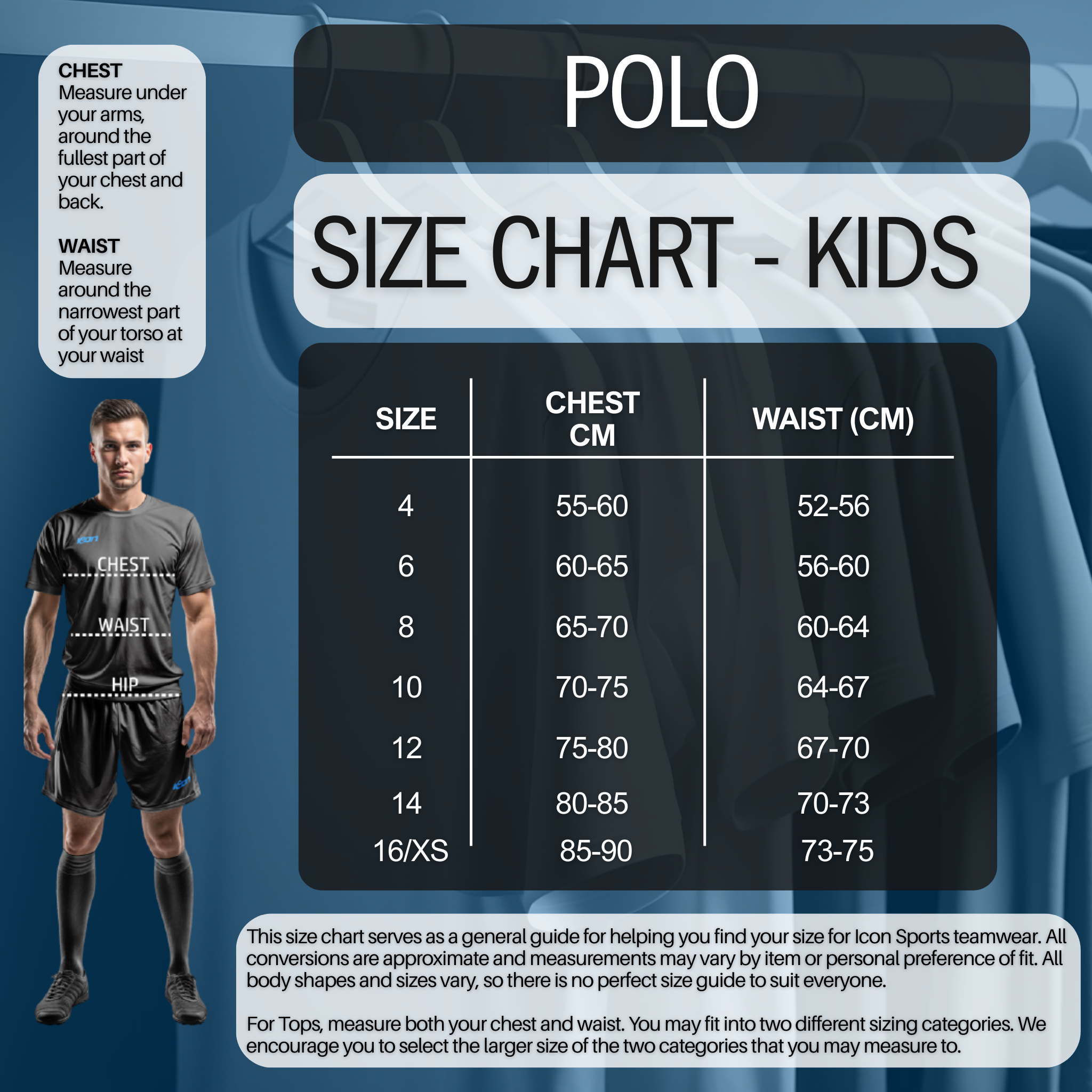 Size chart for kids' polo shirts with a man model and measurement guide.