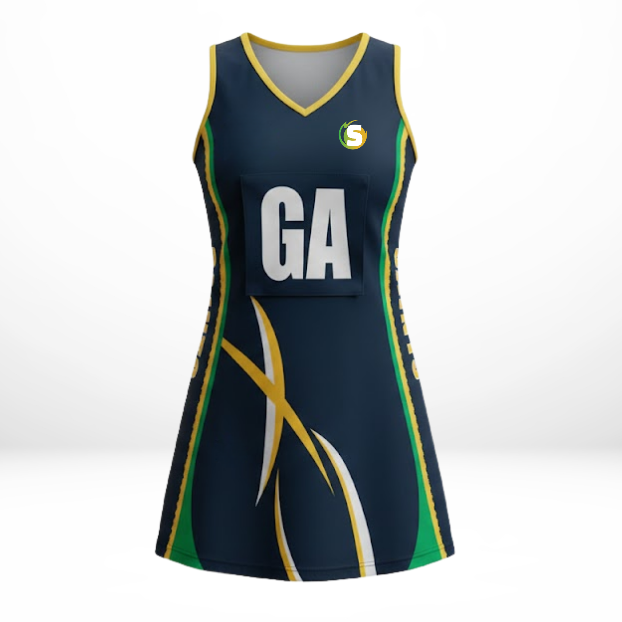 Navy blue sports netball dress with 'GA' on a white background