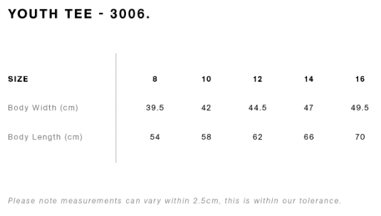 Youth 3006 size guide for Great Flinders - T-Shirt