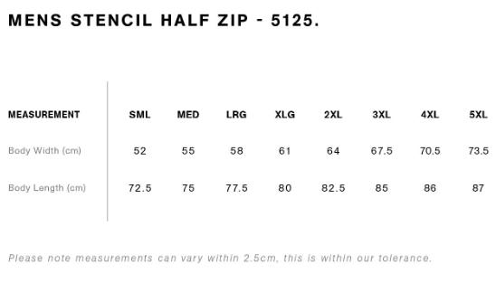 Mens size guide for Great Flinders - 1/2 Zip