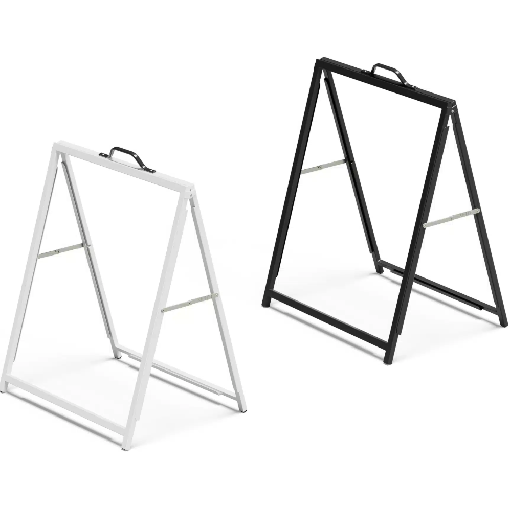 Two a-frames, one white and one black, on a white background