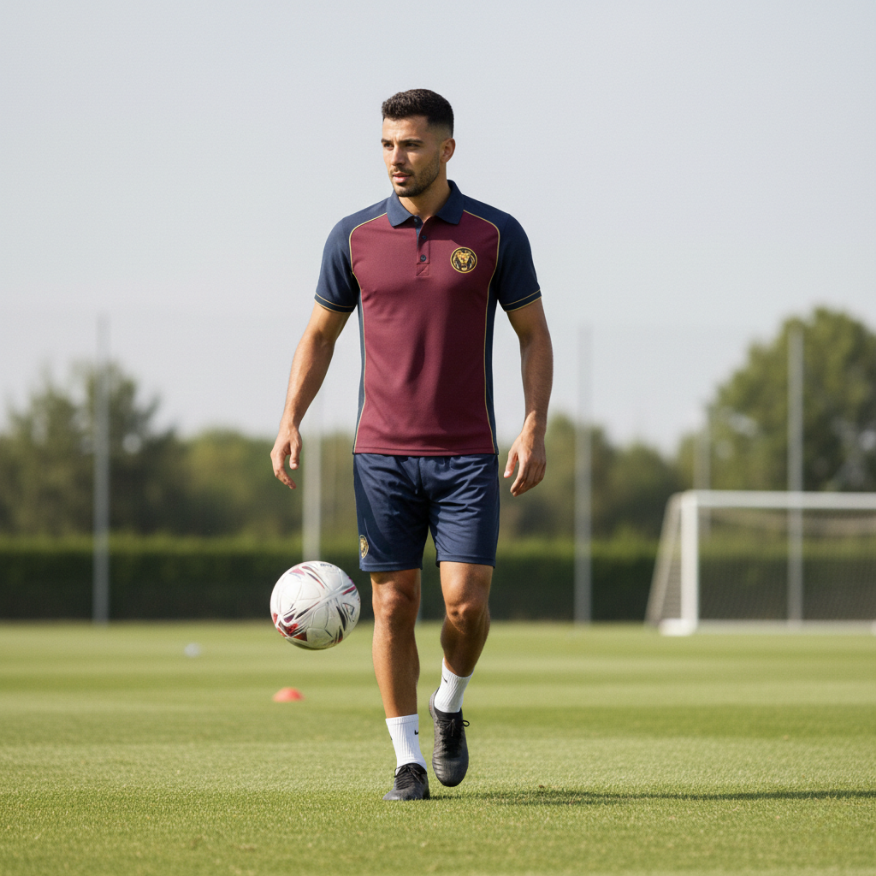 Man in sports polo on a soccer field with a ball