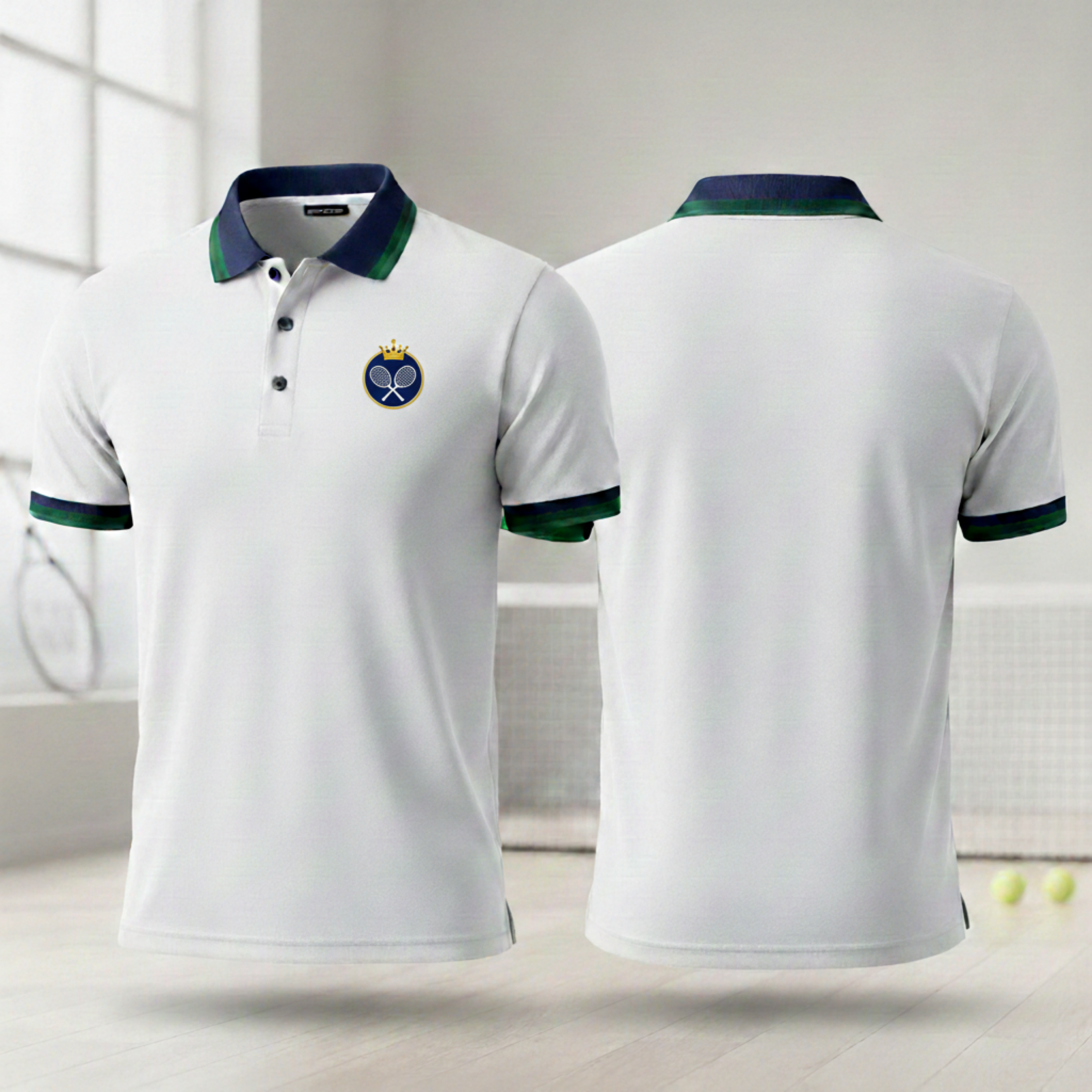 White polo shirt with green accents on a white background