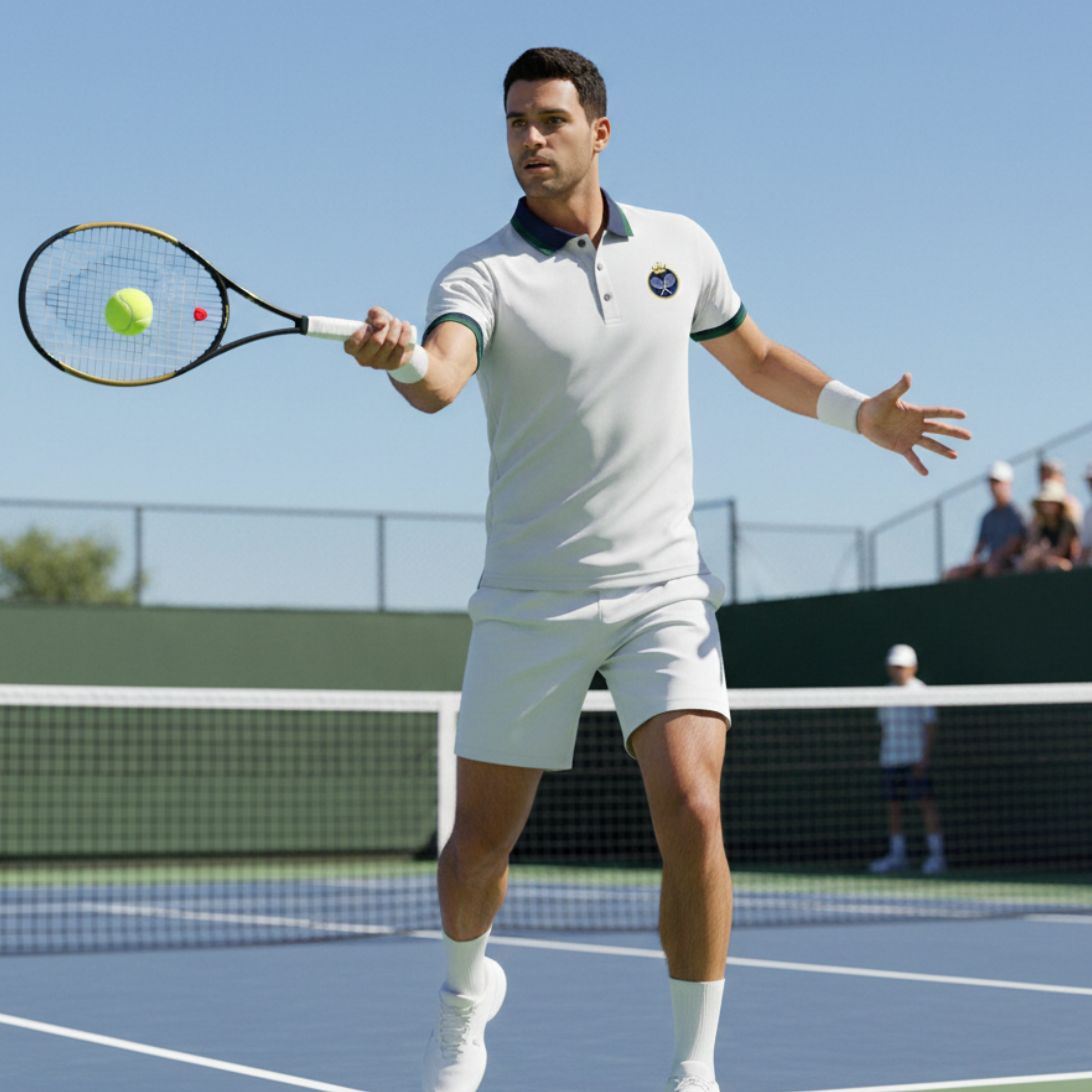 Tennis player in sublimated polo on a court with a clear blue sky.