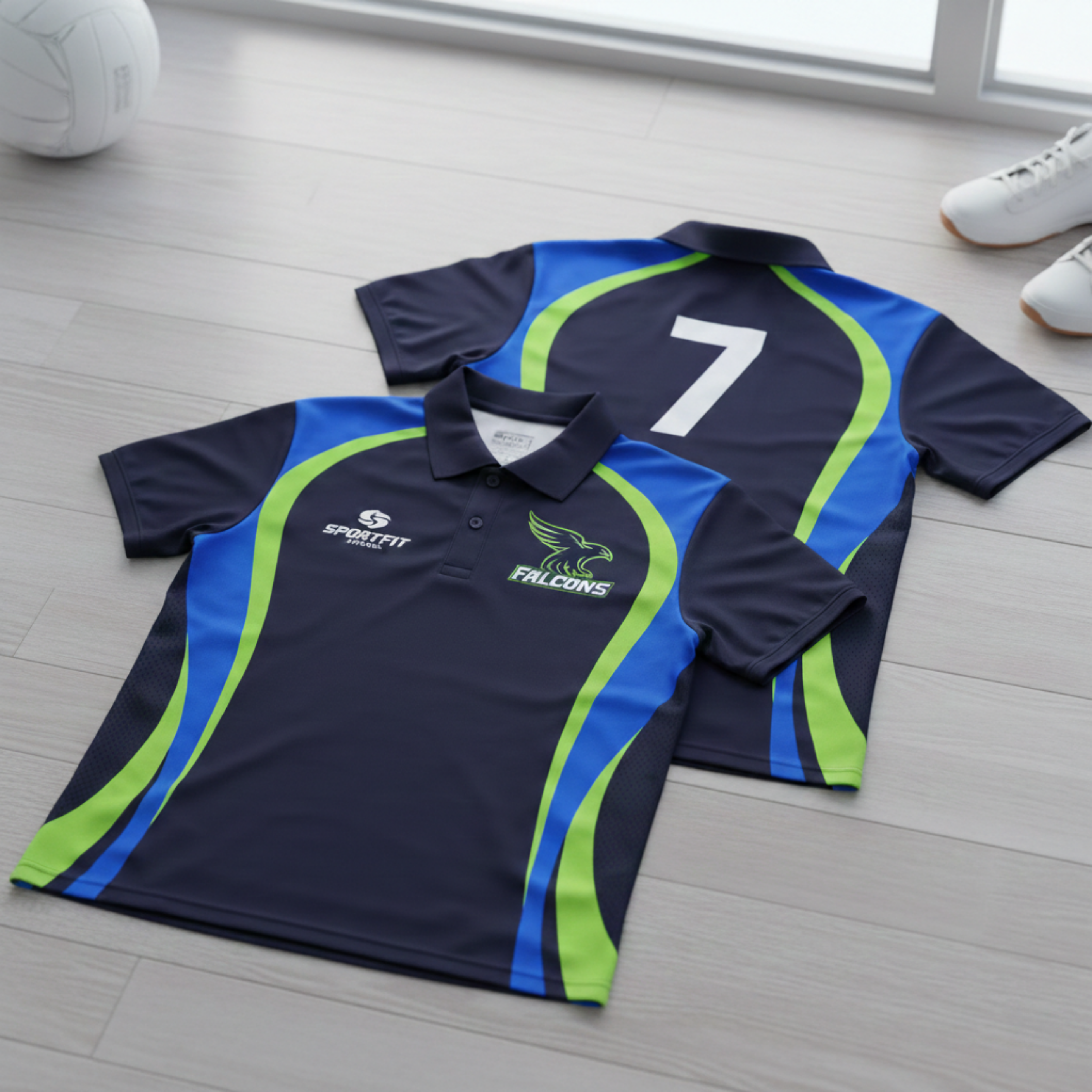 Two sports polos with visible branding on a light wooden floor.