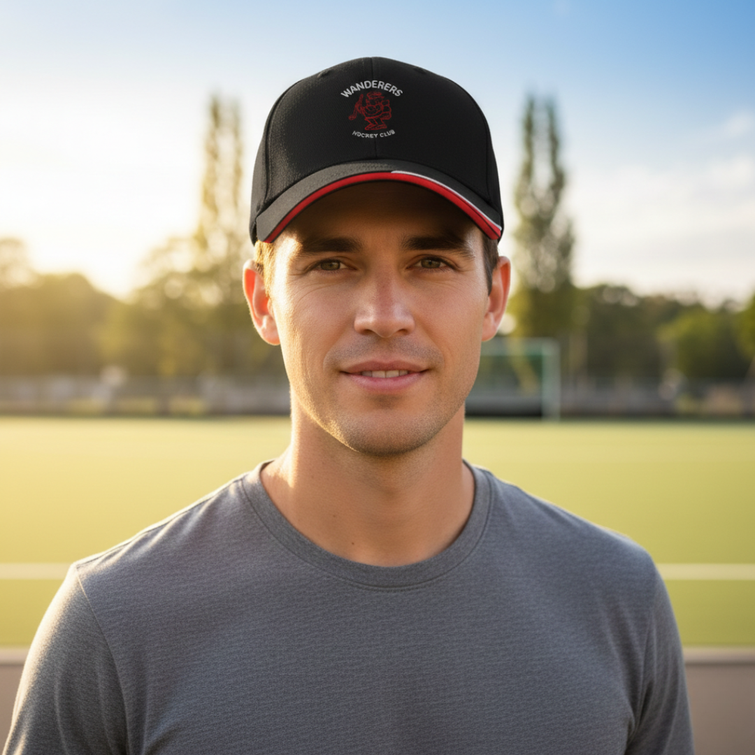 Man wearing a black cap with 'Wanderers' logo on a sports field