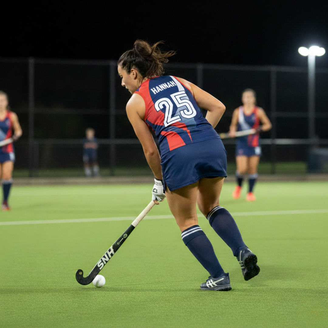 Woman playing field hockey on a green field at night with lights in the background