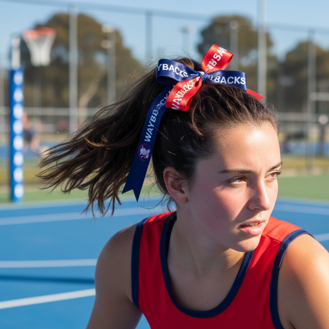 Young woman with a sports team ribbon on her head, standing on a sports field.