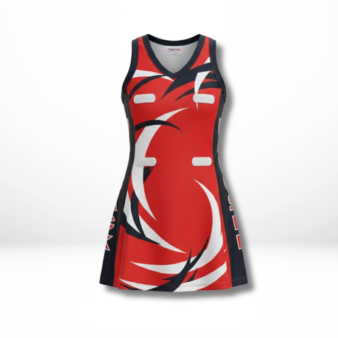 Front of a red, black and white sublimated netball dress