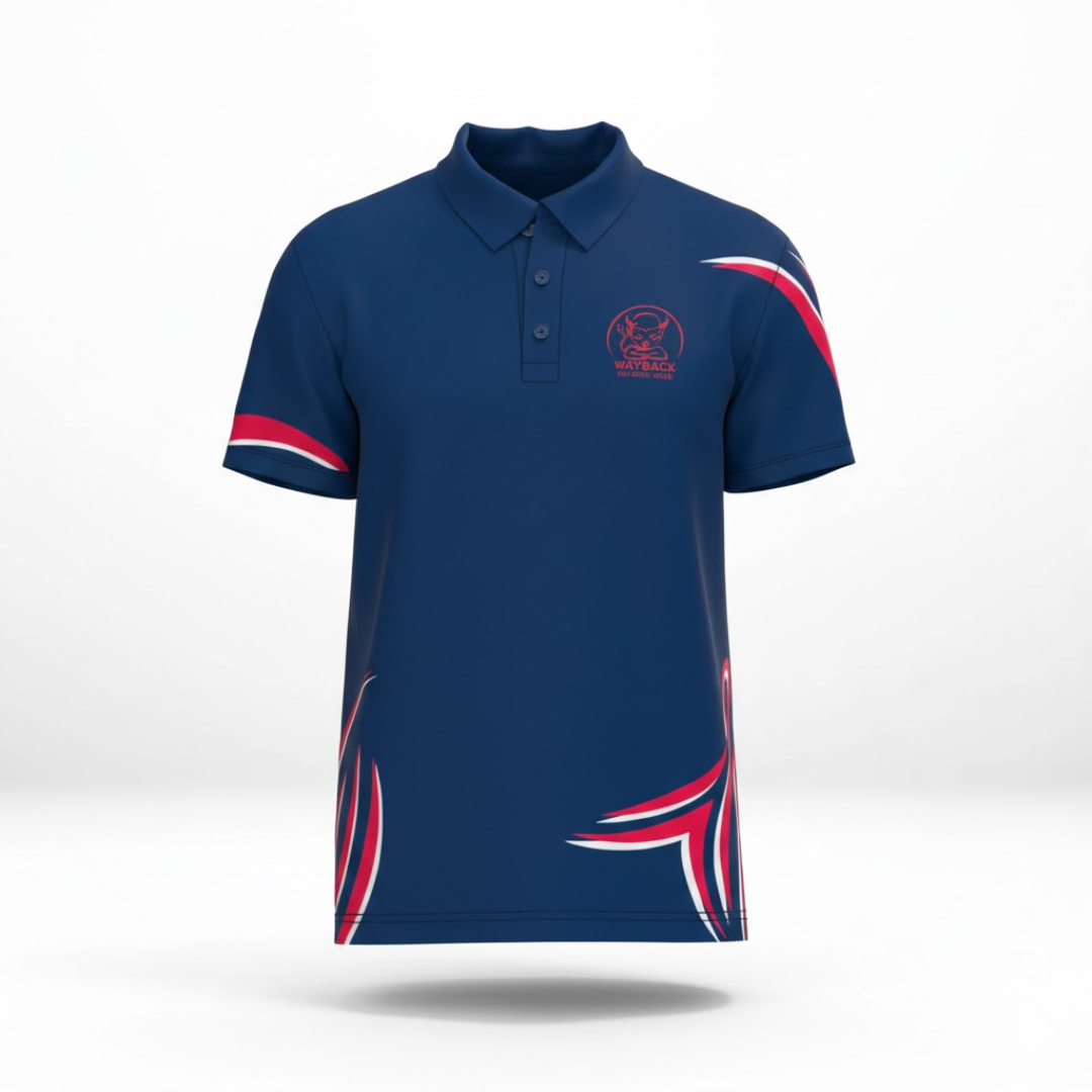 Blue polo shirt with red and white accents on a white background