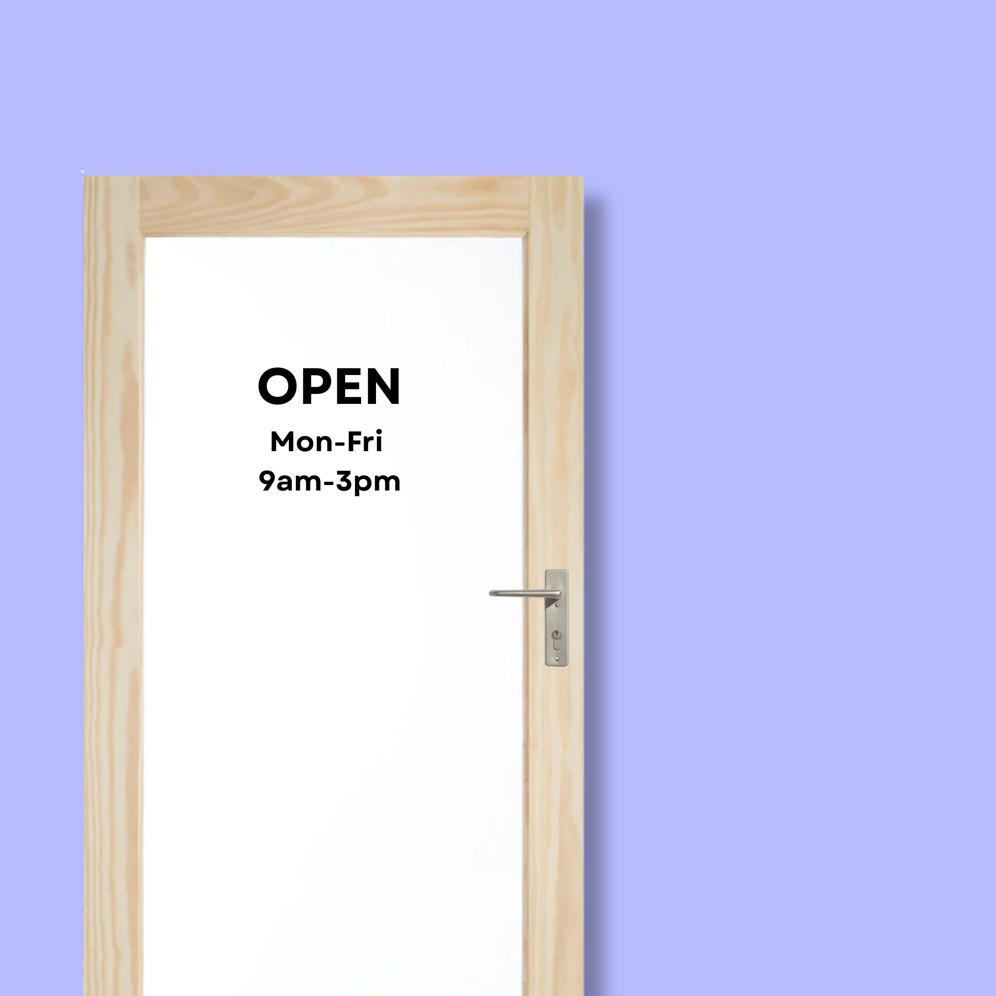 Glass door with custom vinyl lettering displaying business hours