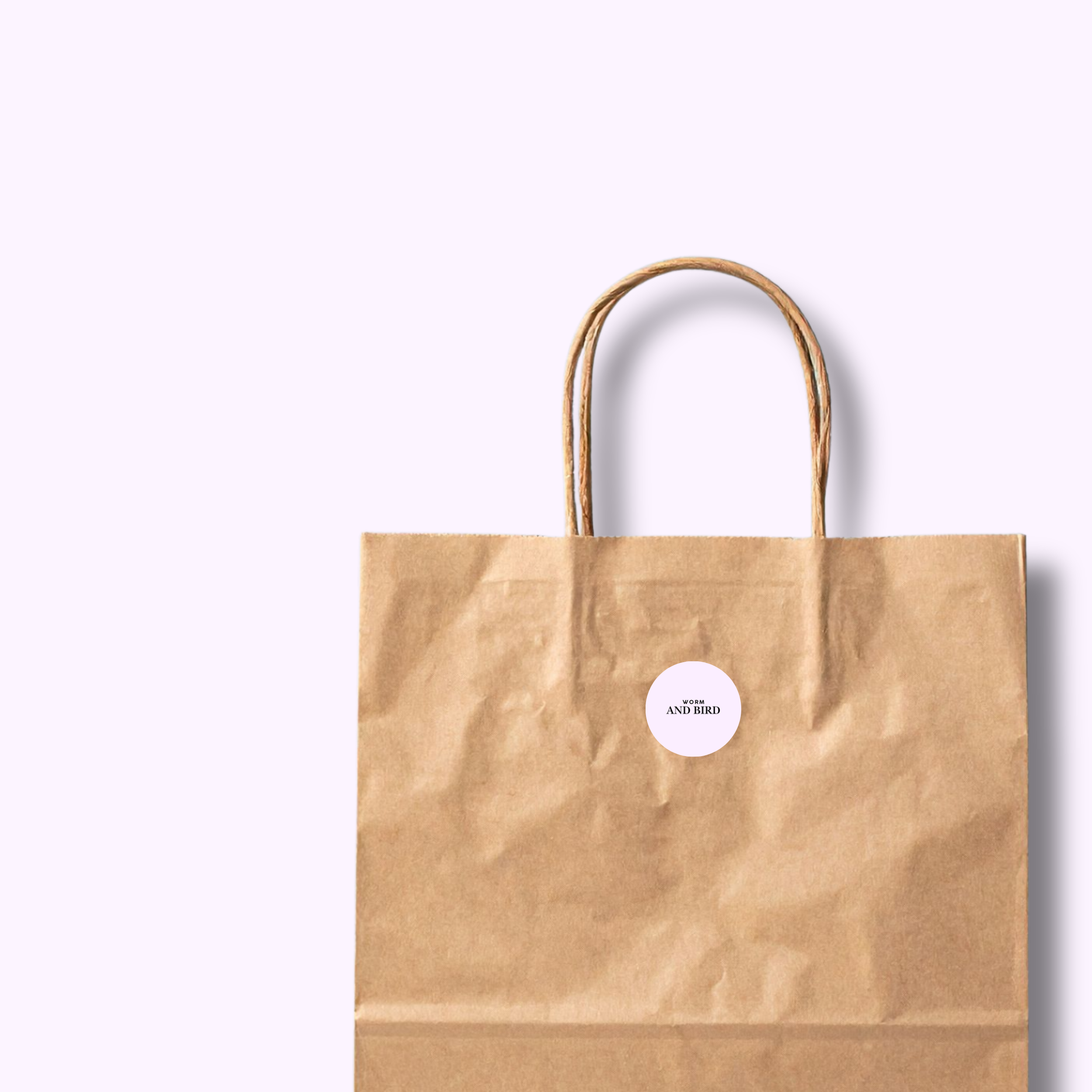 Brown paper bag with a round white label on a white background
