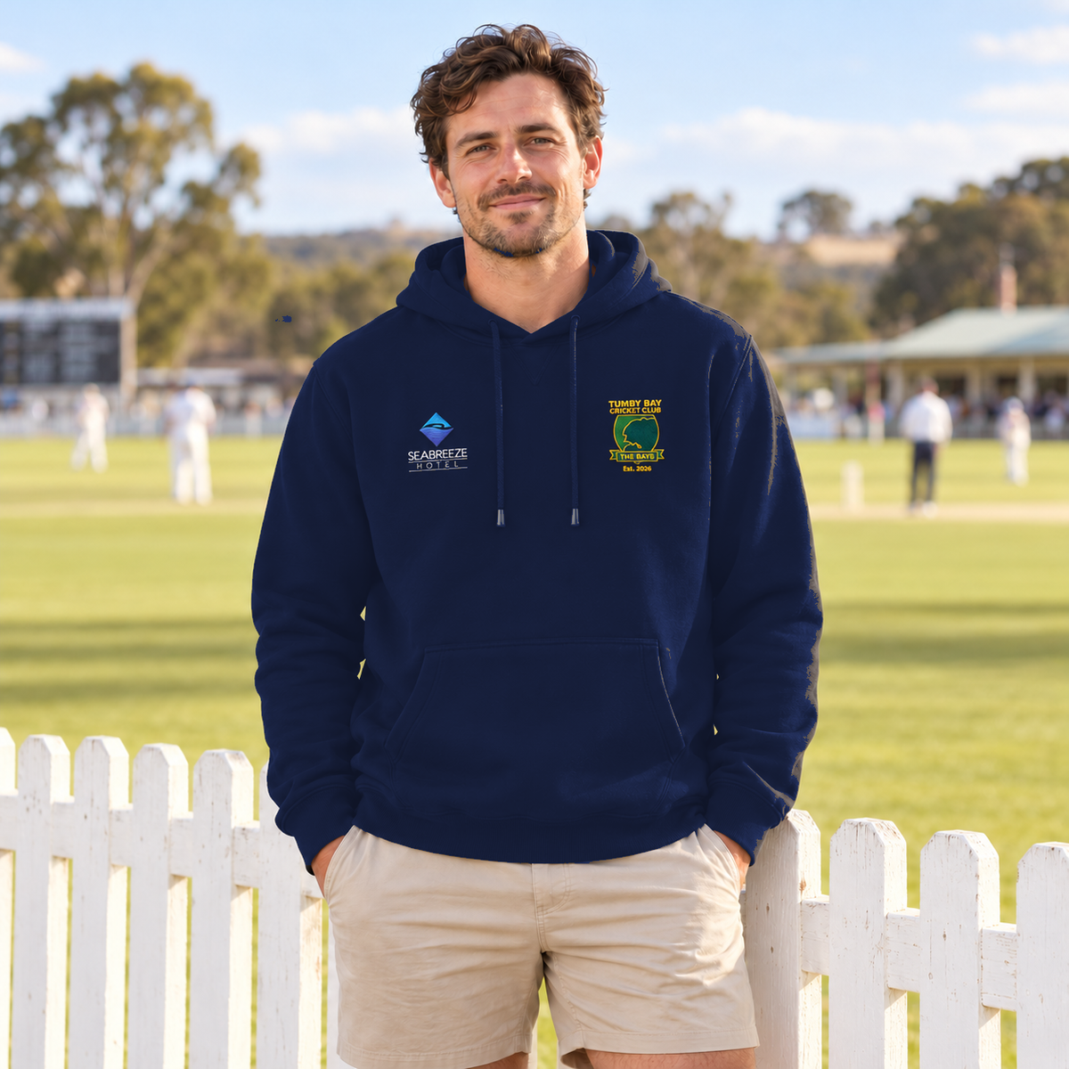Tumby Bay Cricket Club navy hoodie being worn