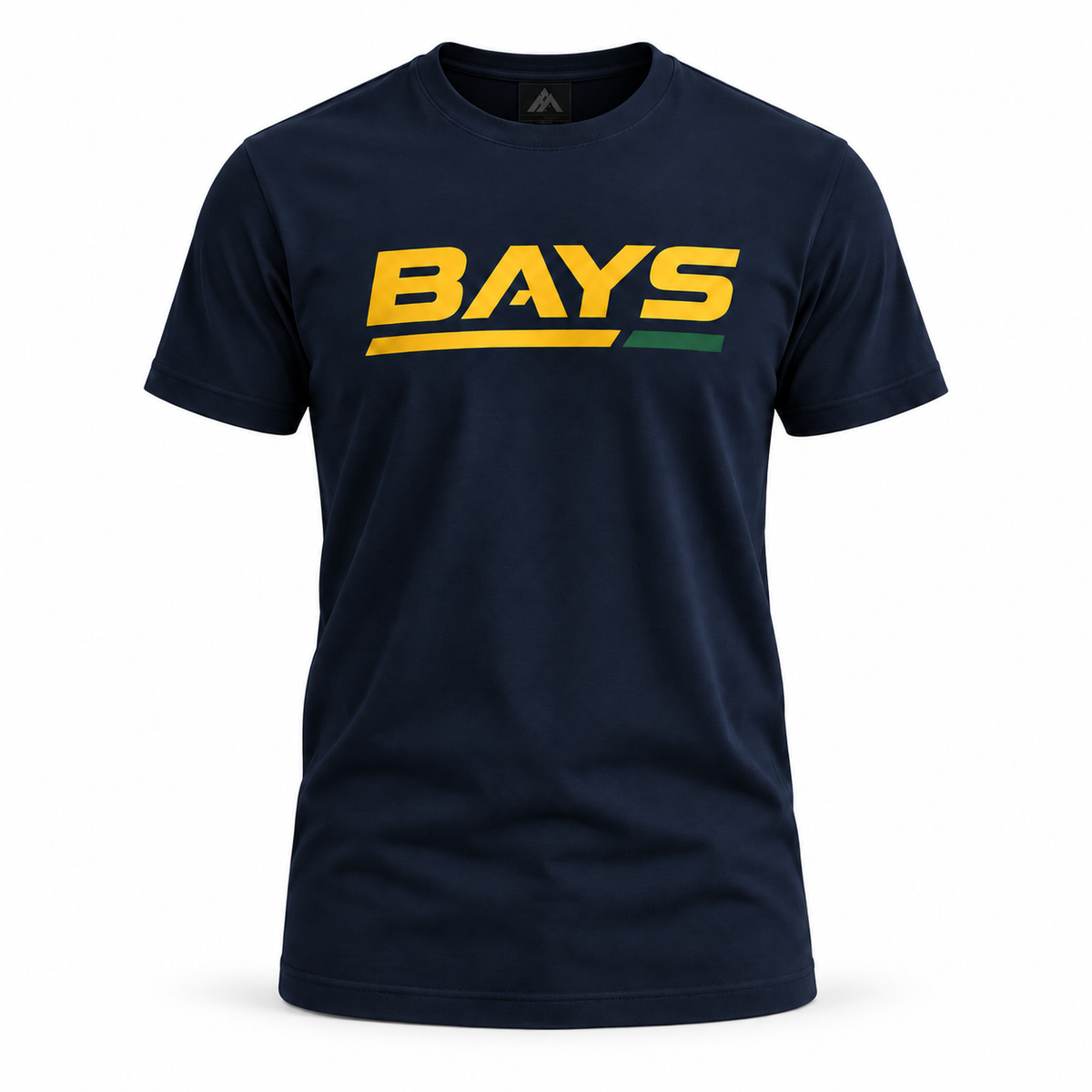 Navy Tumby Bay Cricket Club T-shirt with the yellow and green BAYS logo, front