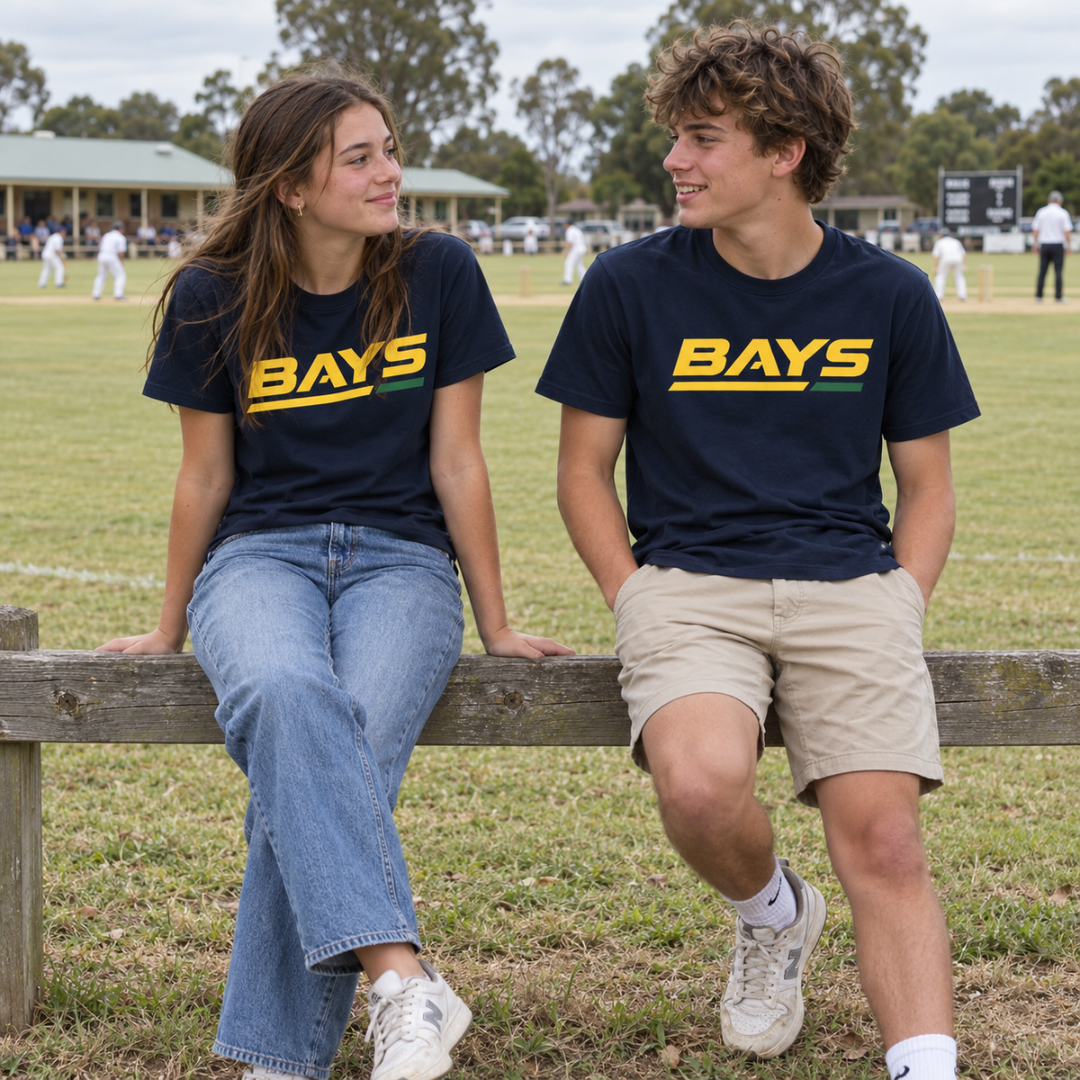 Teenagers wearing the navy BAYS T-shirt at the cricket