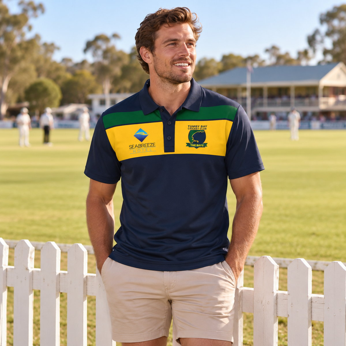 Tumby Bay Cricket Club supporters polo - panel, being worn