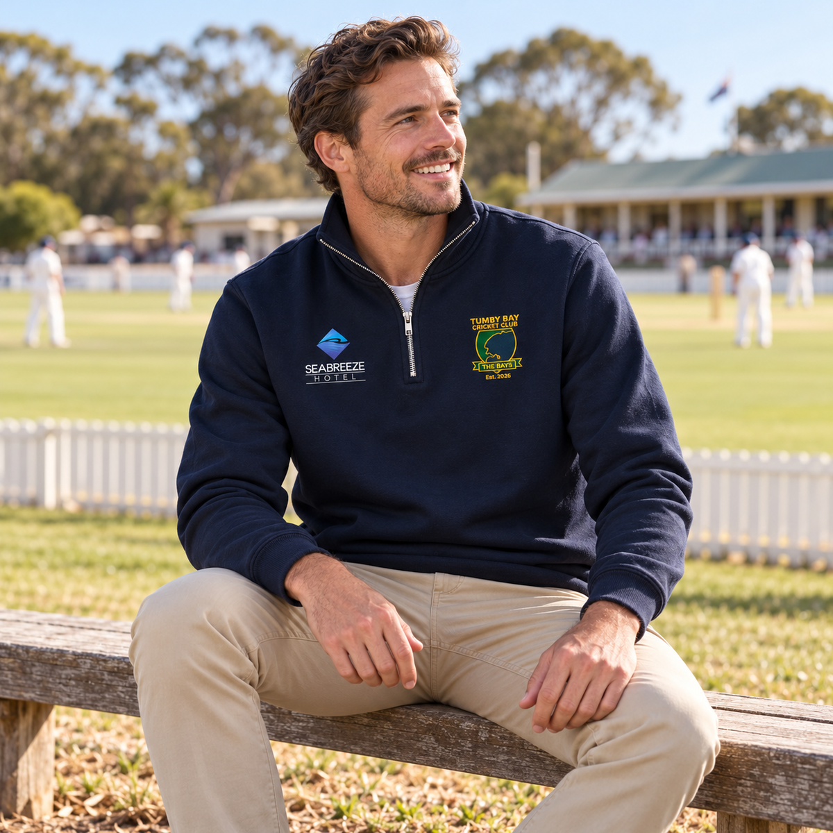 Tumby Bay Cricket Club navy 1/4 zip being worn at the cricket